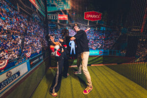 Céline Dept en Michiel Callebaut in de Baseball-simulator van Sparkx